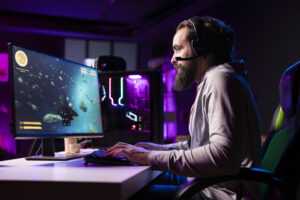 pro gamer using pc headset join esports competition with teammates
